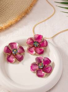 3 pièces Ensemble de collier et boucles d'oreilles avec pendentif fleur à 5 pétales émaillés, cadeau polyvalent pour femmes