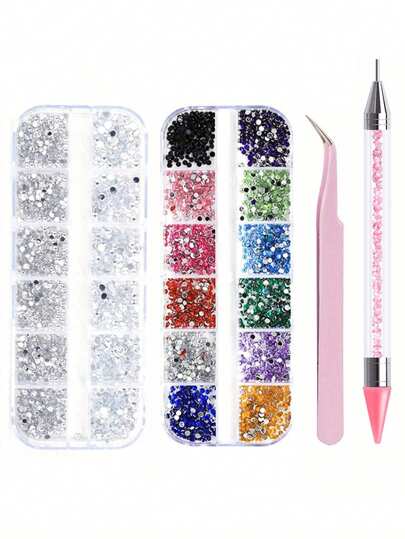 4Pcs Pink Manicure Dotting Pen Tweezers Jewelry Acrylic Flat Bottom Drill Rectangular Box Decoration Manicure Tool Kit Nail Art Set Diy Nail Charms Nail Gems Nail Supplies Nails Nail Rhinestones