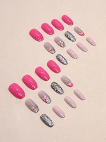 升級您的指甲造型24入組中短款足尖形/短款錐形/Flash法式明亮粉紅單色假指甲，配有一個指甲文件和一個果凍膠壓式假指甲，指甲用品