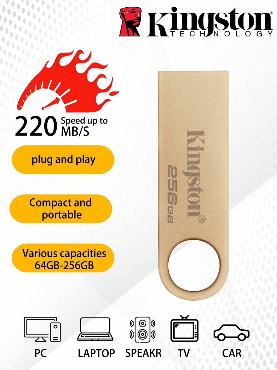 KINGSTON 金士頓64gb/128gb/256gb Usb3.2 Gen 1 U盤dtse9g3大容量金屬u盤讀取速度高達220mb/s - 香檳色 - 查看 1