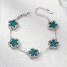 1pc Alloy Mother Of Pearl Flower Decorated Double-Sided Rhinestone Women Bracelet