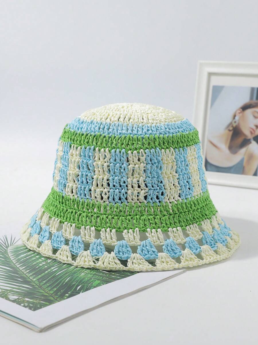 Một Mới Thiếu Niên Mùa Xuân Và Mùa Hè Vintage Rỗng Ra Colorblock Đơn Giản Cho Tất Cả Trận Đấu Màu Hoa Hat Mũ Dệt mũ Chống Nắng - màu xanh lá - Xem 1
