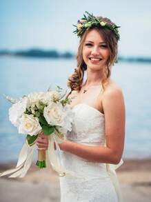 1pc Bride Wedding Bouquet, White Rope Ribbon With Bowknot And Green Leaves, Realistic Rose Rope Bouquet, Rural Style Wedding Bouquet With White Roses For Bridesmaid, Suitable For Wedding Photography With Elegant And Romantic Design.
