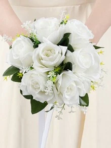 1pc Bride Wedding Bouquet, White Rope Ribbon With Bowknot And Green Leaves, Realistic Rose Rope Bouquet, Rural Style Wedding Bouquet With White Roses For Bridesmaid, Suitable For Wedding Photography With Elegant And Romantic Design.