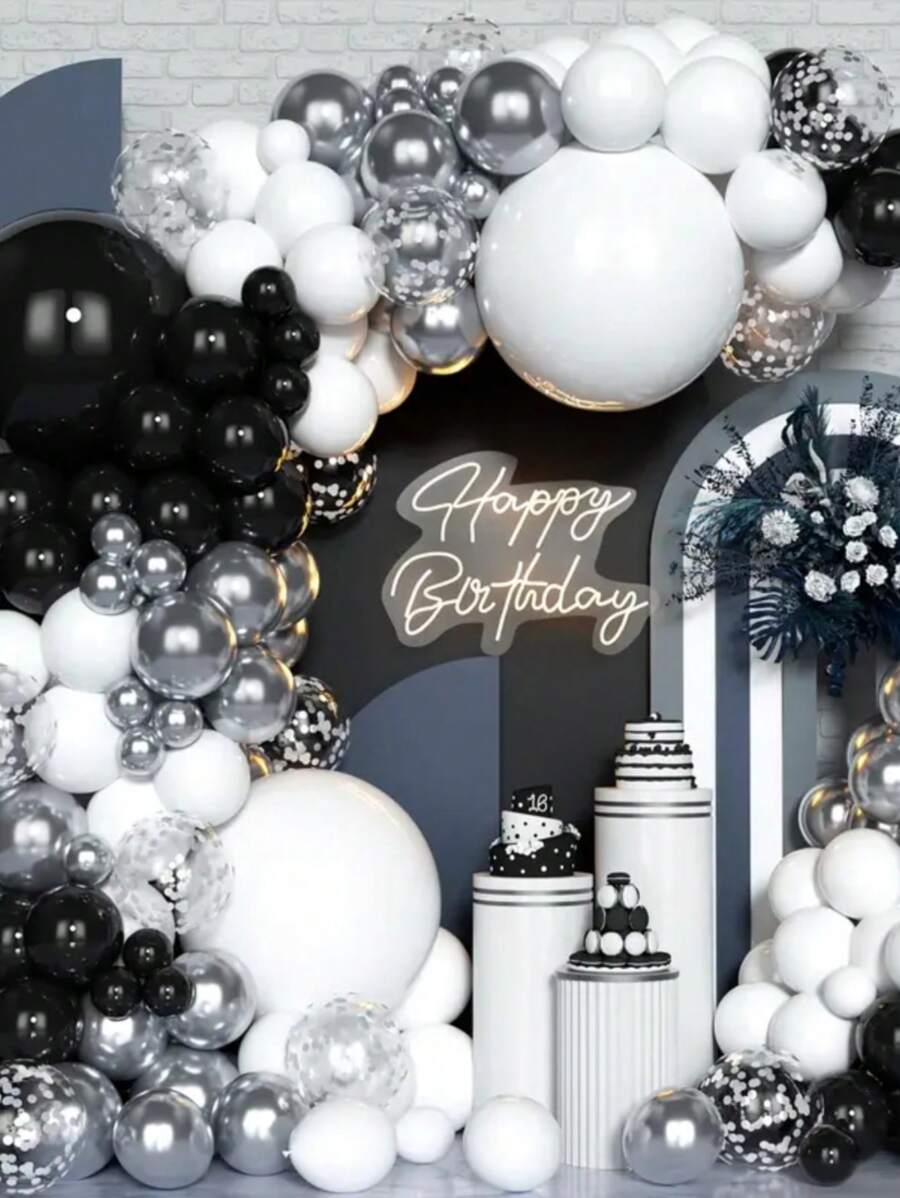 147pcs Black White Silver Balloon Set &Balloon Accessories, Birthday Holiday Event Graduation Ceremony Party Room Wall Background Decoration Balloon Arch Kit,Christmas - Multicolor - View 1
