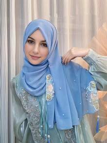 1Pc 90*90Cm Cung Điện Nữ Phong Cách Cổ Điển Voan Hijab Thêu Với Khăn Trùm Đầu Ngọc Trai Khăn Quàng Cổ Hồi Giáo Chống Nắng Mạng Che Mặt Hồi Giáo tua rua Kim Cương Khăn Choàng Duyên Dáng Băng Đô Thanh Lịch - Nhiều màu - Xem 13