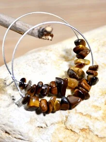 2pcs Handmade Asymmetrical Natural Stone Earrings With Beach Vacation Style Beaded Large Circle For Women Round Dangle Earrings - Multicolor - View 10