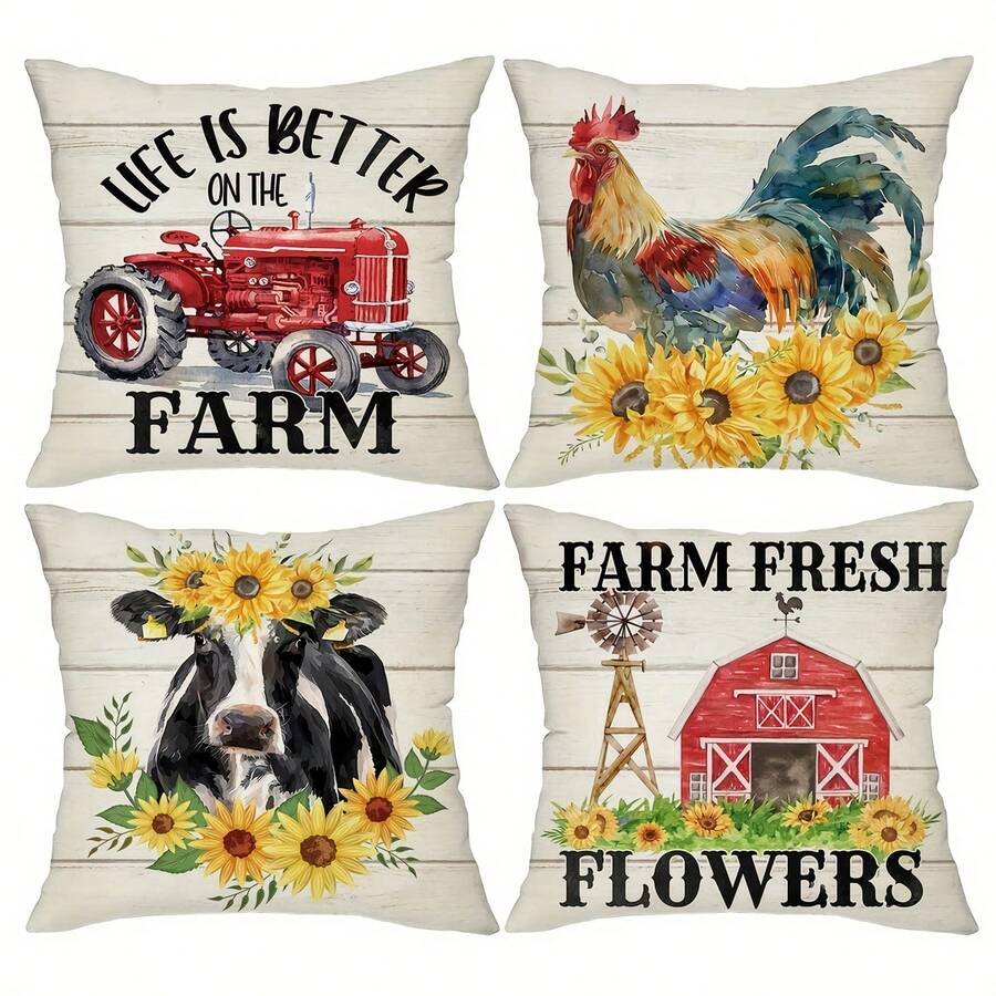 1/2/4 pezzi, Copr cuscino decorativo stile country, 18x18 pollici Fienile Mucca Gallo Sole Fiore Cuscini per decorazione casa Rustici Vintage Copripillow per veranda patio divano soggiorno esterno, senza nucleo del cuscino - Multicolore - Visualizzare 1