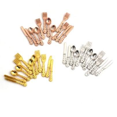 12 件 1:12 微型餐具套装，含刀、叉和勺子、娃娃屋厨房家具玩具、娃娃食物、玩具刀、1:12 微型