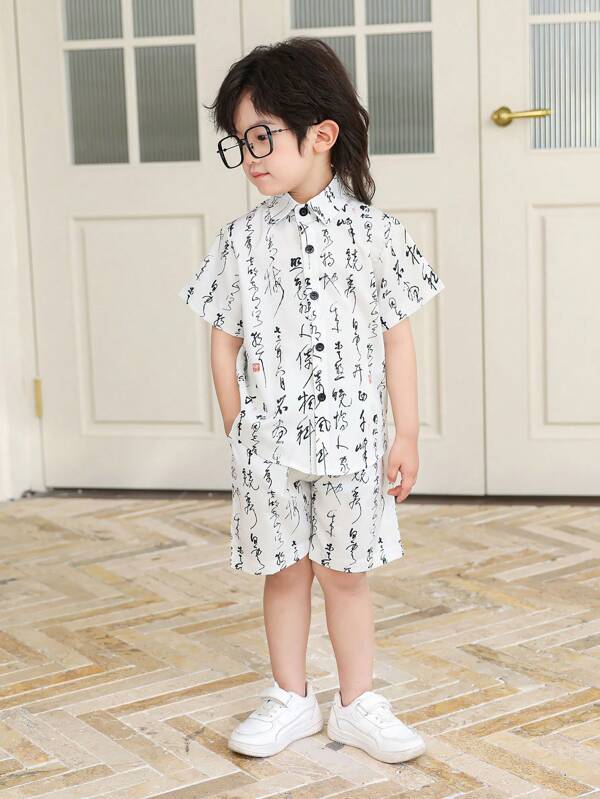 2pcs Chinese Style Short Sleeve Shirt And Shorts Set For Tween Boys