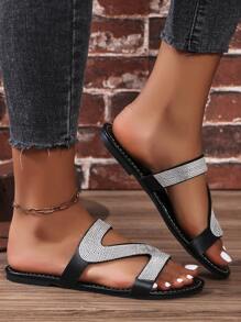 Crystal Slippers For Women, Summer Ins Style, Women Slides With Rhinestone Decoration And Letters