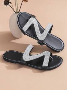 Crystal Slippers For Women, Summer Ins Style, Women Slides With Rhinestone Decoration And Letters