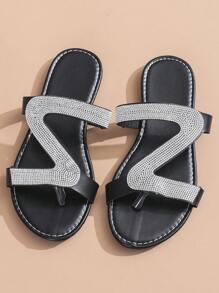 Crystal Slippers For Women, Summer Ins Style, Women Slides With Rhinestone Decoration And Letters
