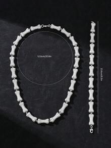 2入組潮流風格鍍白金男士項鍊套裝，鑲冰鏈手鍊嘻哈風鑲嵌鑽石骨頭手鍊說唱歌手飾品禮物 - 銀色 - 查看 10