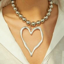 1pc Bohemian Style Beaded Faux Pearl Heart Pendant Necklace - Fashionable Vintage Big Heart Women Statement Necklace For Party & Holiday Valentines,Mom,Mother,Mother's Day,Gift