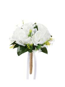 1pc Bride Wedding Bouquet, White Rope Ribbon With Bowknot And Green Leaves, Realistic Rose Rope Bouquet, Rural Style Wedding Bouquet With White Roses For Bridesmaid, Suitable For Wedding Photography With Elegant And Romantic Design.