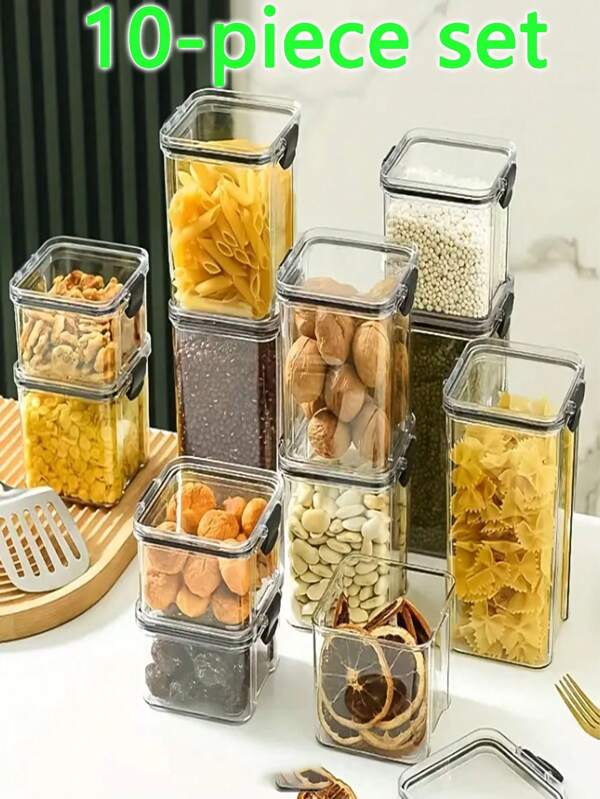 10 piezas / 1 pieza Contenedor de almacenamiento de plástico sellable, caja de almacenamiento de alimentos transparente, fiambrera, tarro de especias, frasco de almacenamiento de refrigerador, frasco para caramelos y frutas secas, para almacenar granos, arroz, fideos y otros suministros de cocina