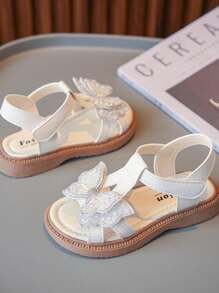 1 par de sandalias planas con diseño de mariposa y adornos de perlas para niñas, diseño lindo adecuado para el verano - Beis - Ver 5