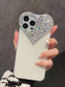 Carcasa para teléfono móvil TPU transparente con corazón grande brillante de purpurina transparente incrustado con diamantes de imitación de mano pura y con estilo, compatible con iPhone y de llegada nueva - transparente - Ver 4