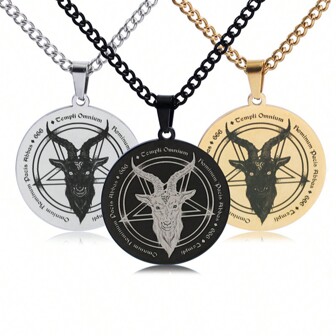 1pc Vintage Stainless Steel Solomon Satan Pentagram Goat Head Logo Round Pendant Necklace