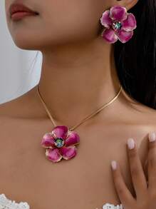 3 pièces Ensemble de collier et boucles d'oreilles avec pendentif fleur à 5 pétales émaillés, cadeau polyvalent pour femmes