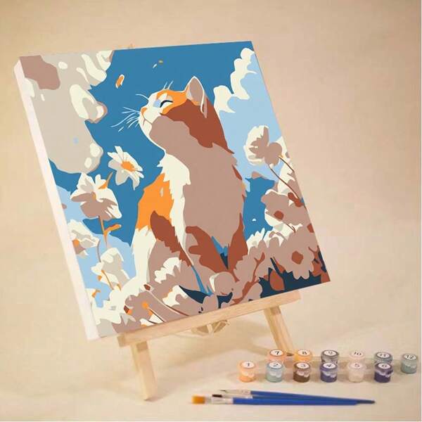 1 Set Colorful Oil Painting DIY Digital Painting, Cute Cartoon Cat Decorative Painting, With Wooden Frame, Suitable For Hanging On The Wall Or Placing On The Desktop To Relieve Stress And As A Gift
