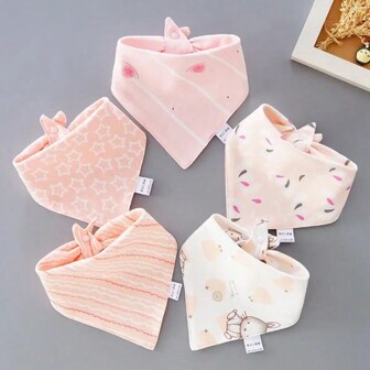 5pcs Baby Bibs Set, Drool Bibs With Snap Buttons, Waterproof Triangle Bibs For Newborns, Cute Cartoon Feeding Apron