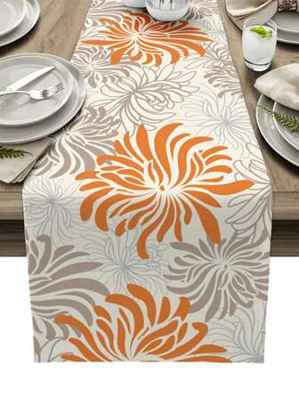 Orange Chrysanthemum Flowers Linen Table Runners Dresser Scarves Table Decor Teal Green Table Runners Holiday Party Wedding Decorations