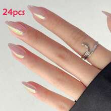 24入組法式銀色閃粉指甲貼紙，指甲藝術貼紙，可佩戴裝飾；包括24份果凍膠和1個指甲磨光器，適用於日常佩戴和相配的貼上式指甲，適用於指甲用品 - 淺粉色 - 查看 12