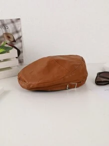1 pieza de sombrero tipo boina de PU monocromático para mujeres con hebilla ajustable y diseño elegante de cuatro esquinas; adecuado para sesión de fotos de viaje