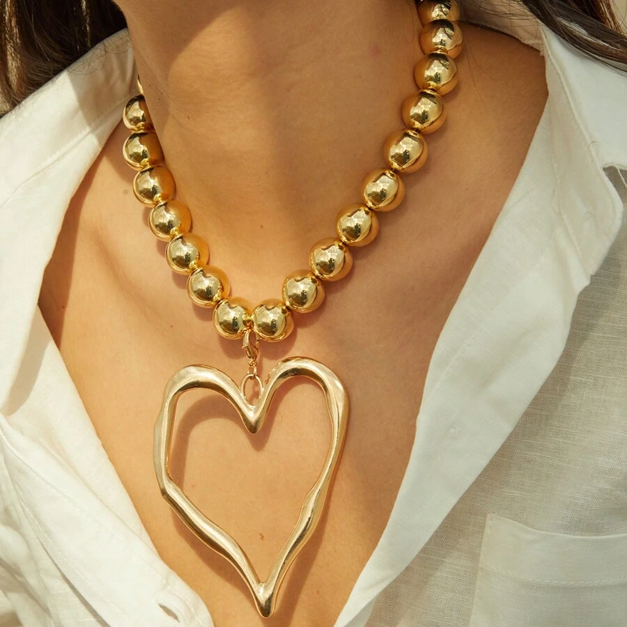 1pc Bohemian Style Beaded Faux Pearl Heart Pendant Necklace - Fashionable Vintage Big Heart Women Statement Necklace For Party & Holiday Valentines,Mom,Mother,Mother's Day,Gift