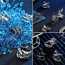 8pcs/Set Vintage Asymmetrical Dragon & Snake Adjustable Open Rings, Suitable For Men Daily Casual Wear - Antique Silver - View 2