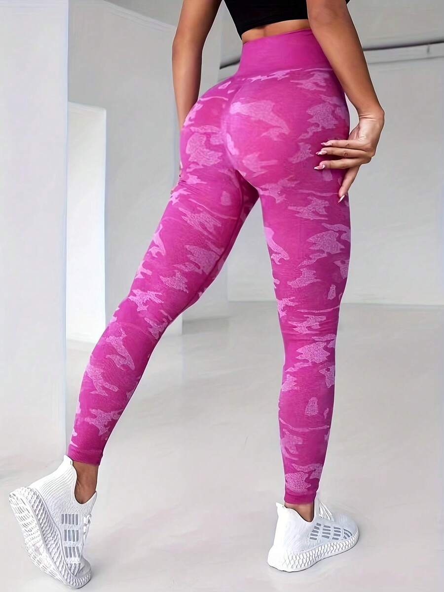 Women High Waisted Camo Printed Casual Sports Leggings - Hot Pink - View 1