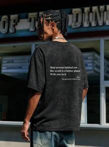 INFLATION T-Shirt à manches courtes pour hommes avec fausse impression de lettre lavée pour l'été