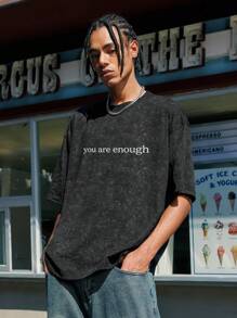 INFLATION T-Shirt à manches courtes pour hommes avec fausse impression de lettre lavée pour l'été