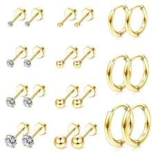 11 Pairs 14K Gold Plated Flat Back Earrings Small Stud Hoop Earring Sets For Multiple Piercing,Lightweight Dot Ball Cubic Zirconia Tiny Hypoallergenic Flatback Cartilage Earrings Set