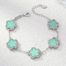 1pc Alloy Mother Of Pearl Flower Decorated Double-Sided Rhinestone Women Bracelet