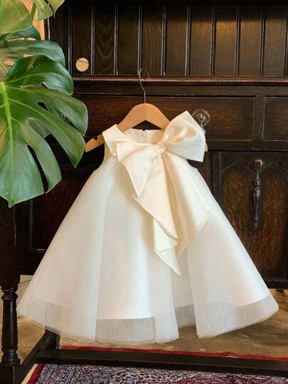 小女孩白色蝴蝶结装饰网眼圣诞派对优雅连衣裙、公主裙、女孩生日派对礼物服装、花童婚纱、节日庆典