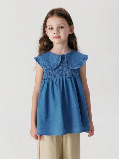 MARC&JANIE 年轻女孩时尚甜美彼得潘领无袖牛仔衬衫，夏季