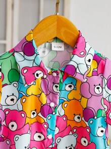 Baby Girls' Cute Cartoon Bear Printed Shirt + Cartoon Bear Floral Shorts Set, Suitable For Learning To Walk, Summer
