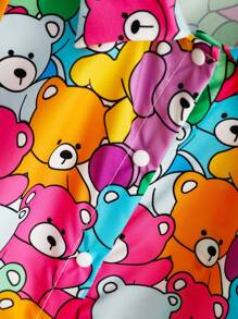 Baby Girls' Cute Cartoon Bear Printed Shirt + Cartoon Bear Floral Shorts Set, Suitable For Learning To Walk, Summer