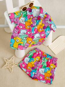 Baby Girls' Cute Cartoon Bear Printed Shirt + Cartoon Bear Floral Shorts Set, Suitable For Learning To Walk, Summer