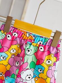 Baby Girls' Cute Cartoon Bear Printed Shirt + Cartoon Bear Floral Shorts Set, Suitable For Learning To Walk, Summer
