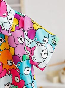 Baby Girls' Cute Cartoon Bear Printed Shirt + Cartoon Bear Floral Shorts Set, Suitable For Learning To Walk, Summer