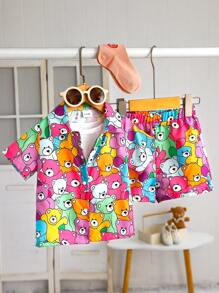 Baby Girls' Cute Cartoon Bear Printed Shirt + Cartoon Bear Floral Shorts Set, Suitable For Learning To Walk, Summer
