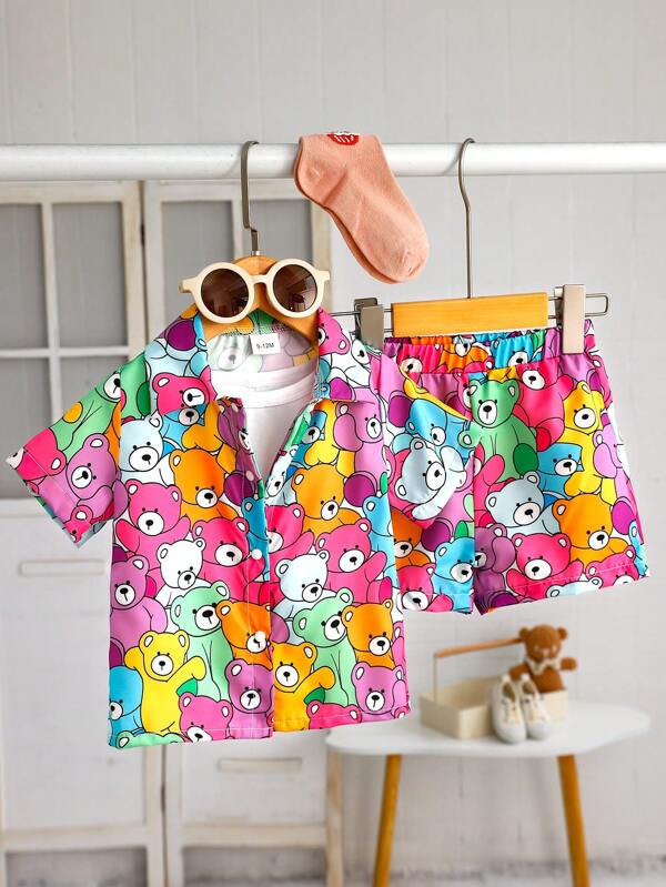 Baby Girls' Cute Cartoon Bear Printed Shirt + Cartoon Bear Floral Shorts Set, Suitable For Learning To Walk, Summer