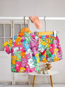 Baby Girls' Cute Cartoon Bear Printed Shirt + Cartoon Bear Floral Shorts Set, Suitable For Learning To Walk, Summer