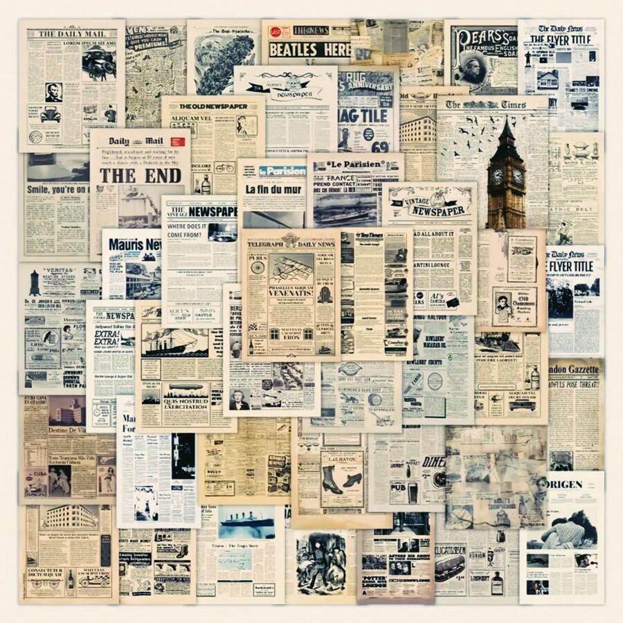 63 Sheets Retro Newspaper Stickers, Perfect For Scrapbooking, Card Making, Wrapping, And Decorating Diary, Art & Craft Projects - Multicolor - View 1