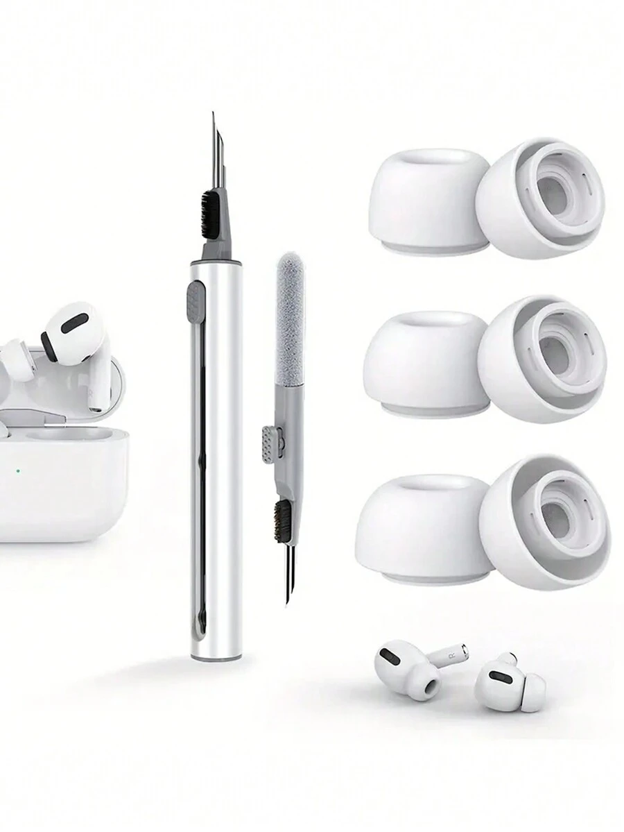 3入組Pro 耳塞 無線藍牙耳機矽膠耳帽+3合1耳機清潔筆 鍵盤除塵刷清潔工具，適用於手機耳機除塵、藍牙耳塞清潔 - 白色 - 查看 1
