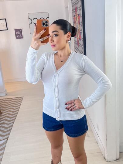 Casaco Tricot Linho Casaco Lisa com botões